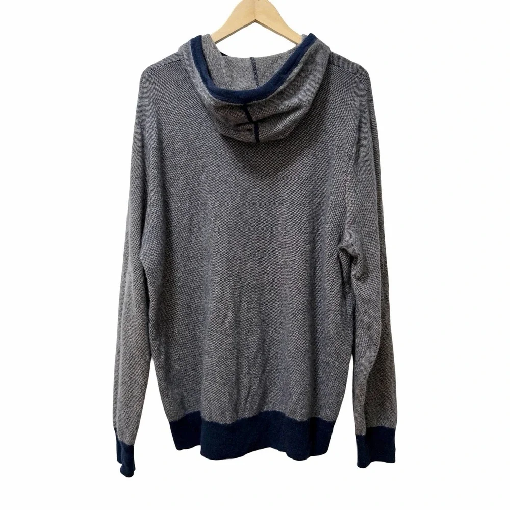 J Crew Mens Tipped Cashmere Hoodie Sweater Size XXL Navy Blue Birds-Eye Luxury